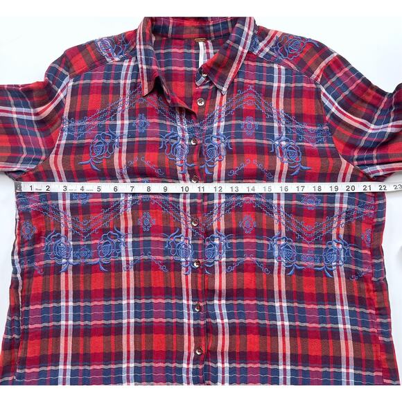 Free People Magical Plaid Embroidered Button Down Top Small Boho Western Fall - Picture 15 of 16